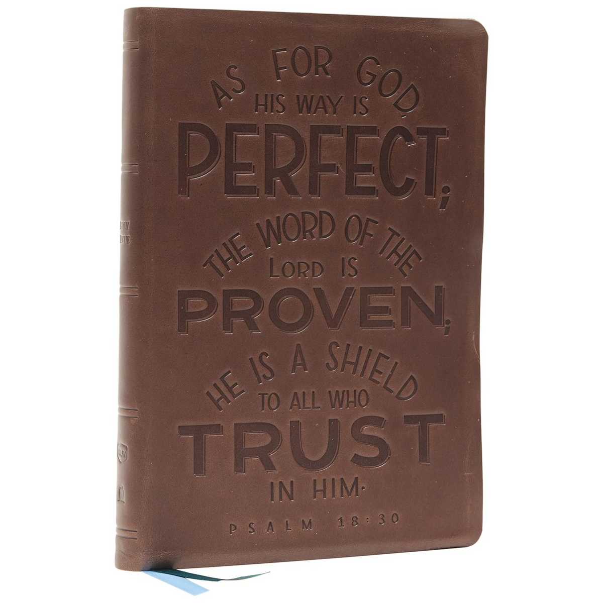 NKJV, Thinline Bible, Verse Art Cover Collection, Genuine Leather, Brown Indexed (Ps18:30)