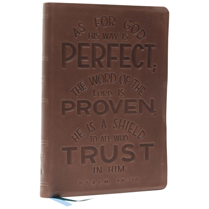 NKJV, Thinline Bible, Verse Art Cover Collection, Genuine Leather, Brown Indexed (Ps18:30)