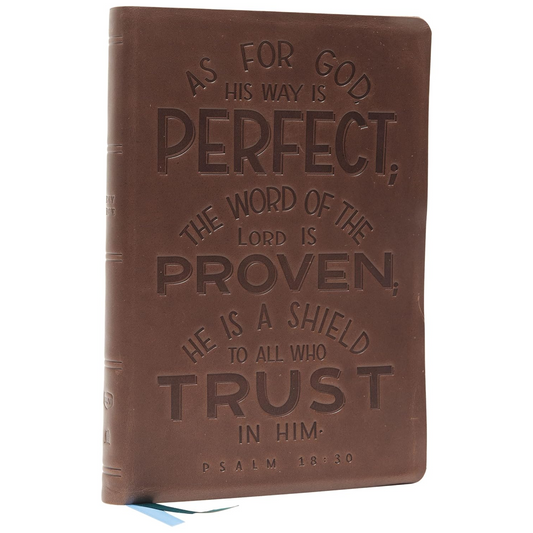 NKJV, Thinline Bible, Verse Art Cover Collection, Genuine Leather, Brown Indexed (Ps18:30)