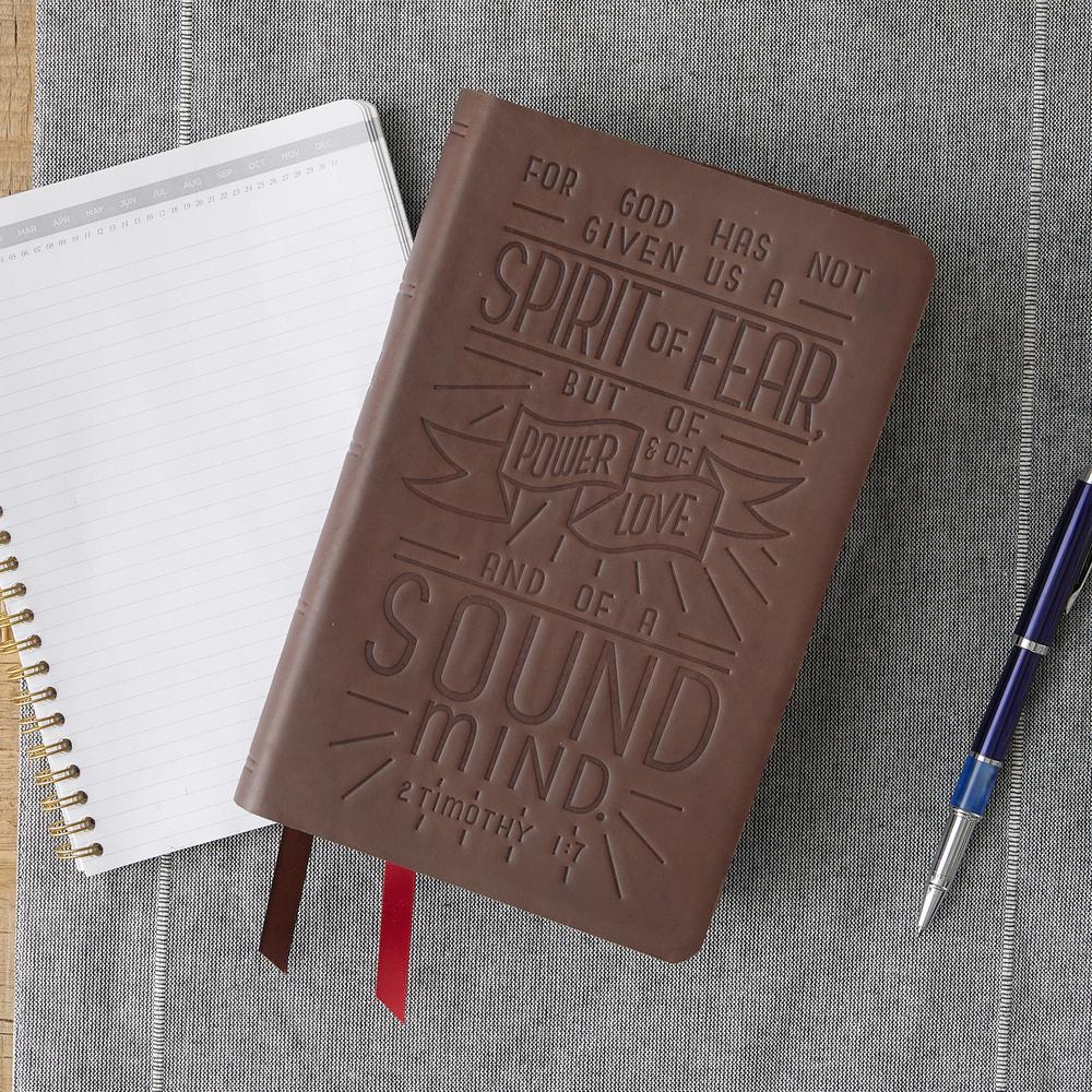 NKJV, Thinline Bible, Verse Art Cover Collection, Genuine Leather, Brown (2Tim1:7))