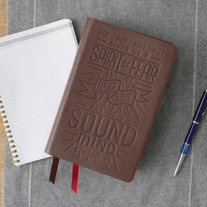 NKJV, Thinline Bible, Verse Art Cover Collection, Genuine Leather, Brown (2Tim1:7))