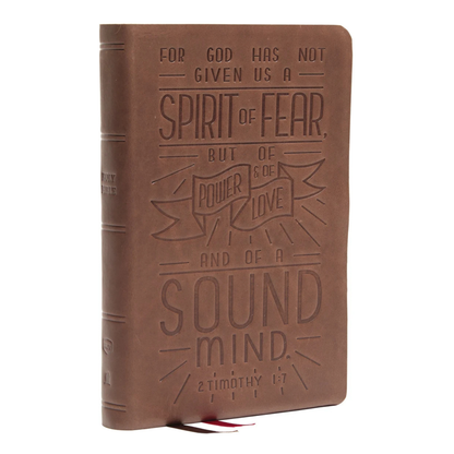 NKJV, Thinline Bible, Verse Art Cover Collection, Genuine Leather, Brown (2Tim1:7))