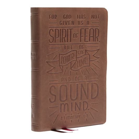NKJV, Thinline Bible, Verse Art Cover Collection, Genuine Leather, Brown (2Tim1:7))